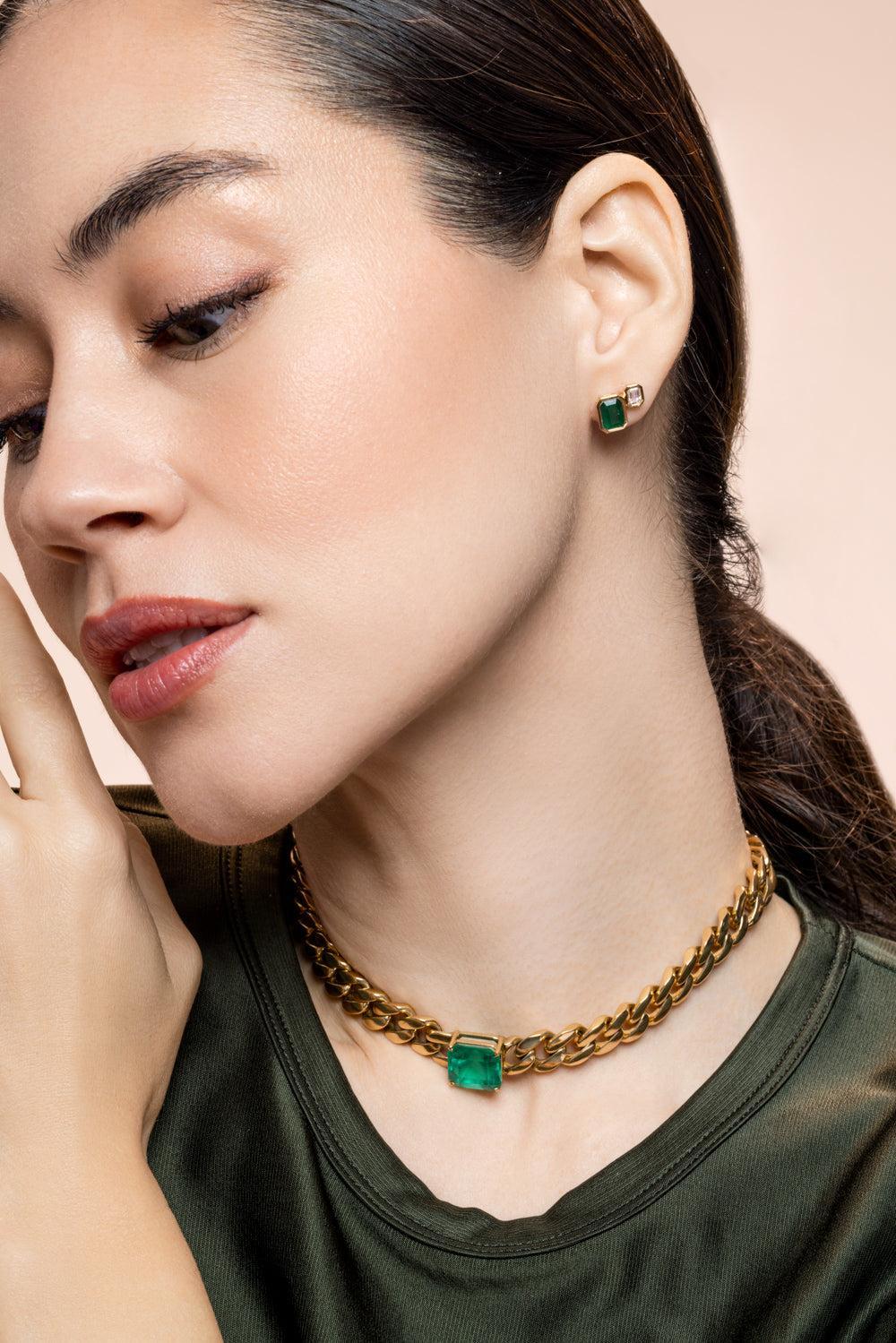 Diamond Emerald Step Up Stud Earrings - Image 2