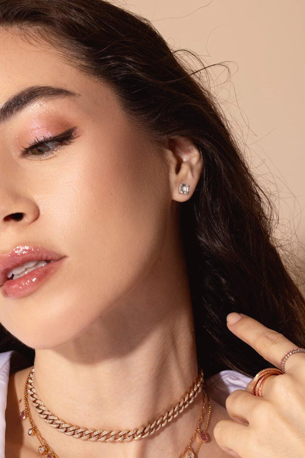 DIAMOND SQUARE STACKED BAGUETTE STUD EARRINGS - Image 3