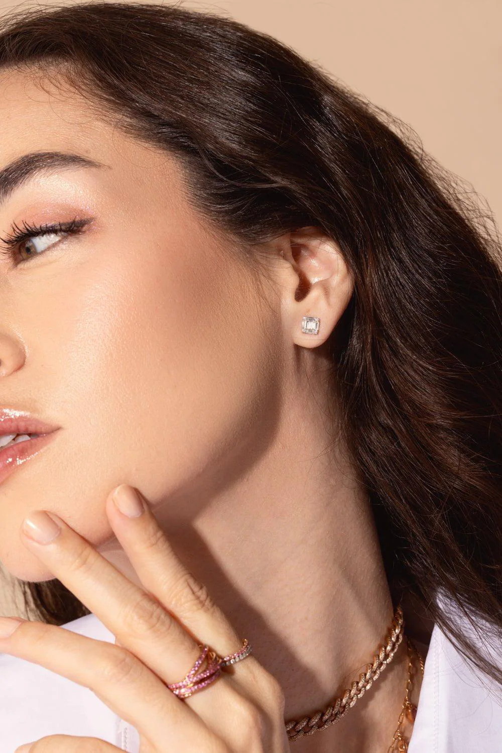 DIAMOND SQUARE STACKED BAGUETTE STUD EARRINGS - Image 4