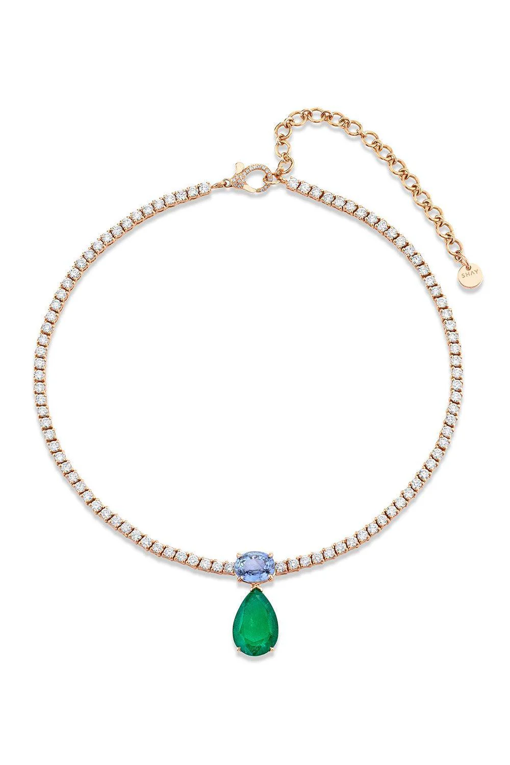 Emerald Blue Sapphire Diamond Drop Tennis Necklace
