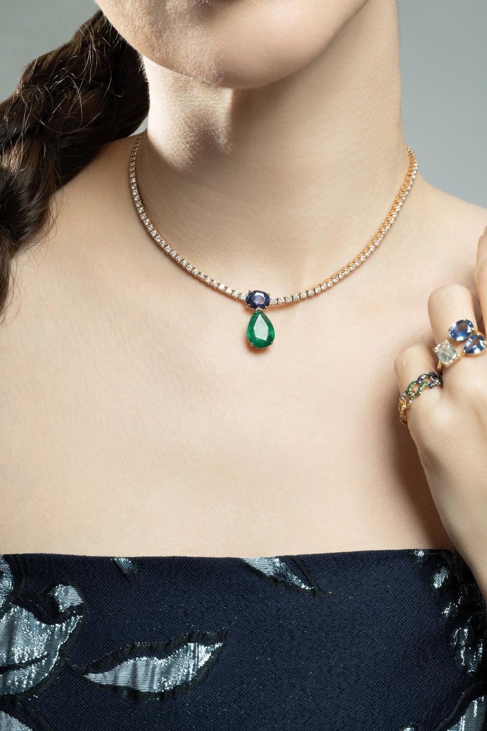 Emerald Blue Sapphire Diamond Drop Tennis Necklace - Image 2