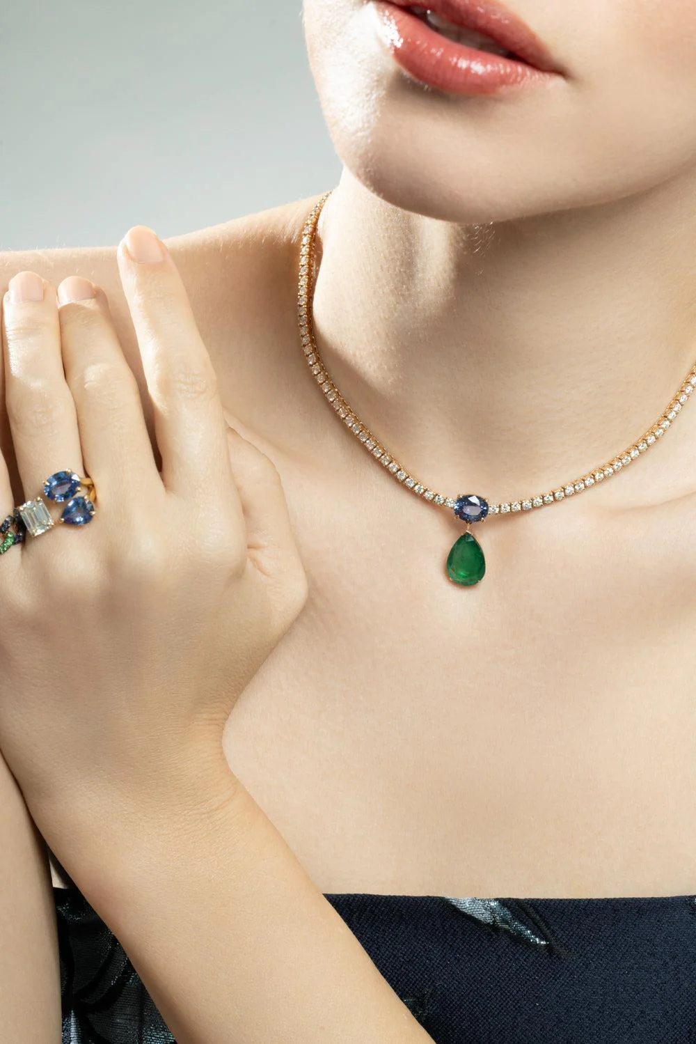 Emerald Blue Sapphire Diamond Drop Tennis Necklace - Image 3