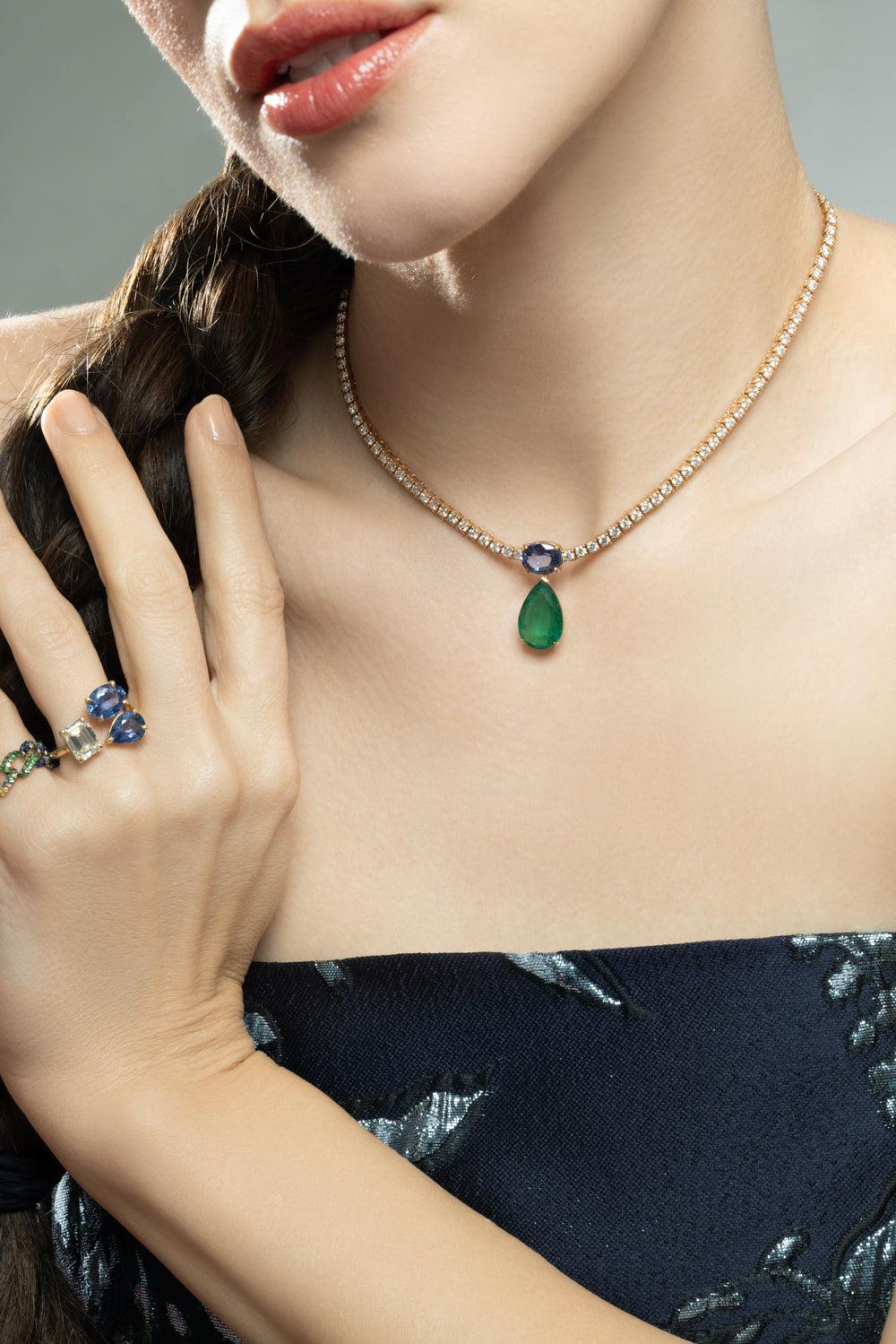 Emerald Blue Sapphire Diamond Drop Tennis Necklace - Image 4