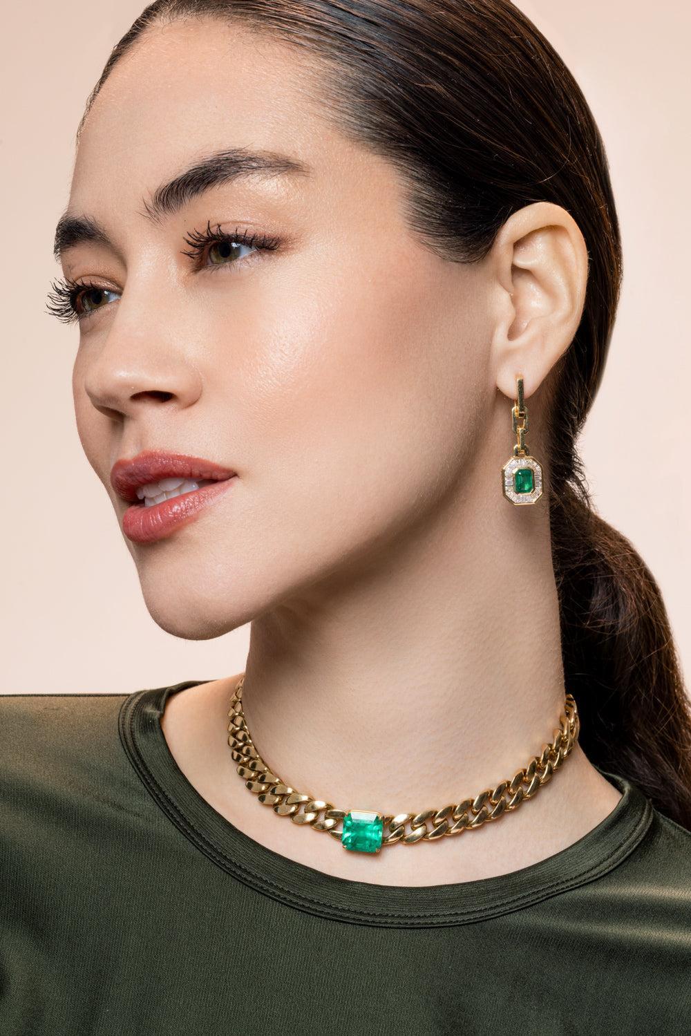 Emerald Diamond Halo Drop Earrings - Image 2