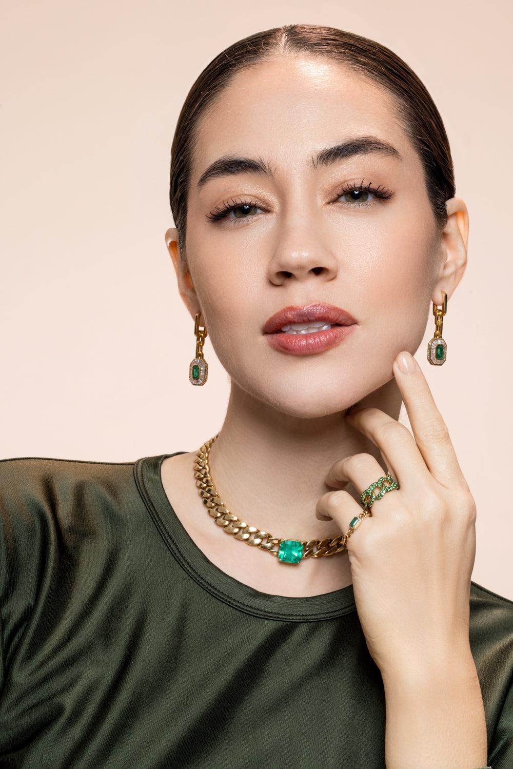 Emerald Diamond Halo Drop Earrings - Image 3