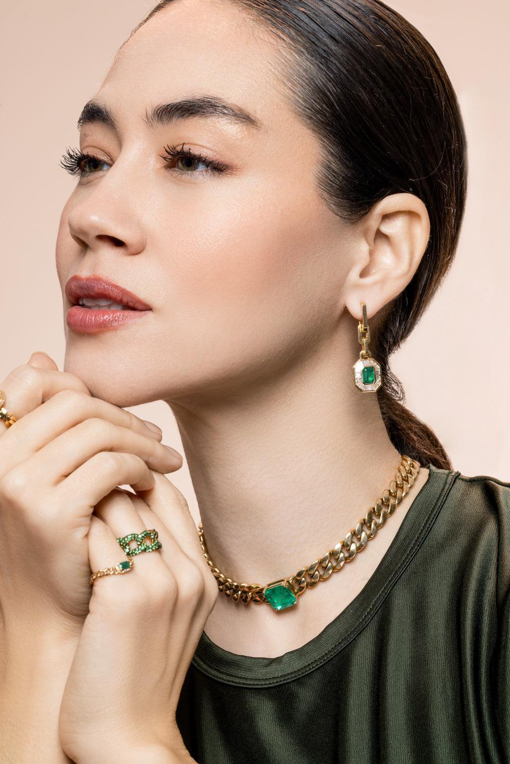 Emerald Diamond Halo Drop Earrings - Image 4