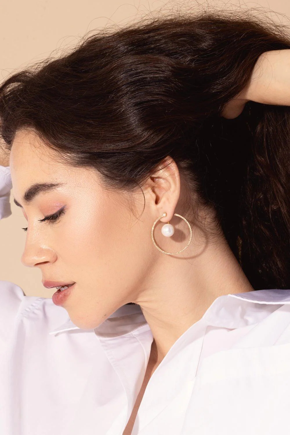 PEARL DIAMOND LARGE HOOP EAR JACKET EARRINGS - Image 2