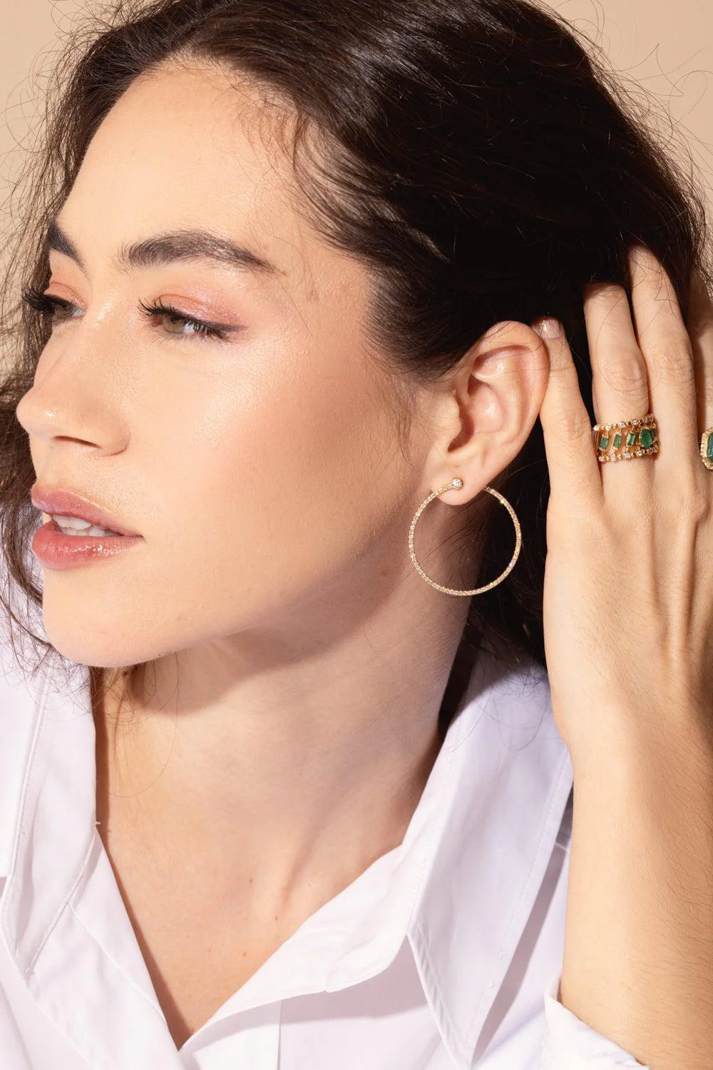 PEARL DIAMOND LARGE HOOP EAR JACKET EARRINGS - Image 3