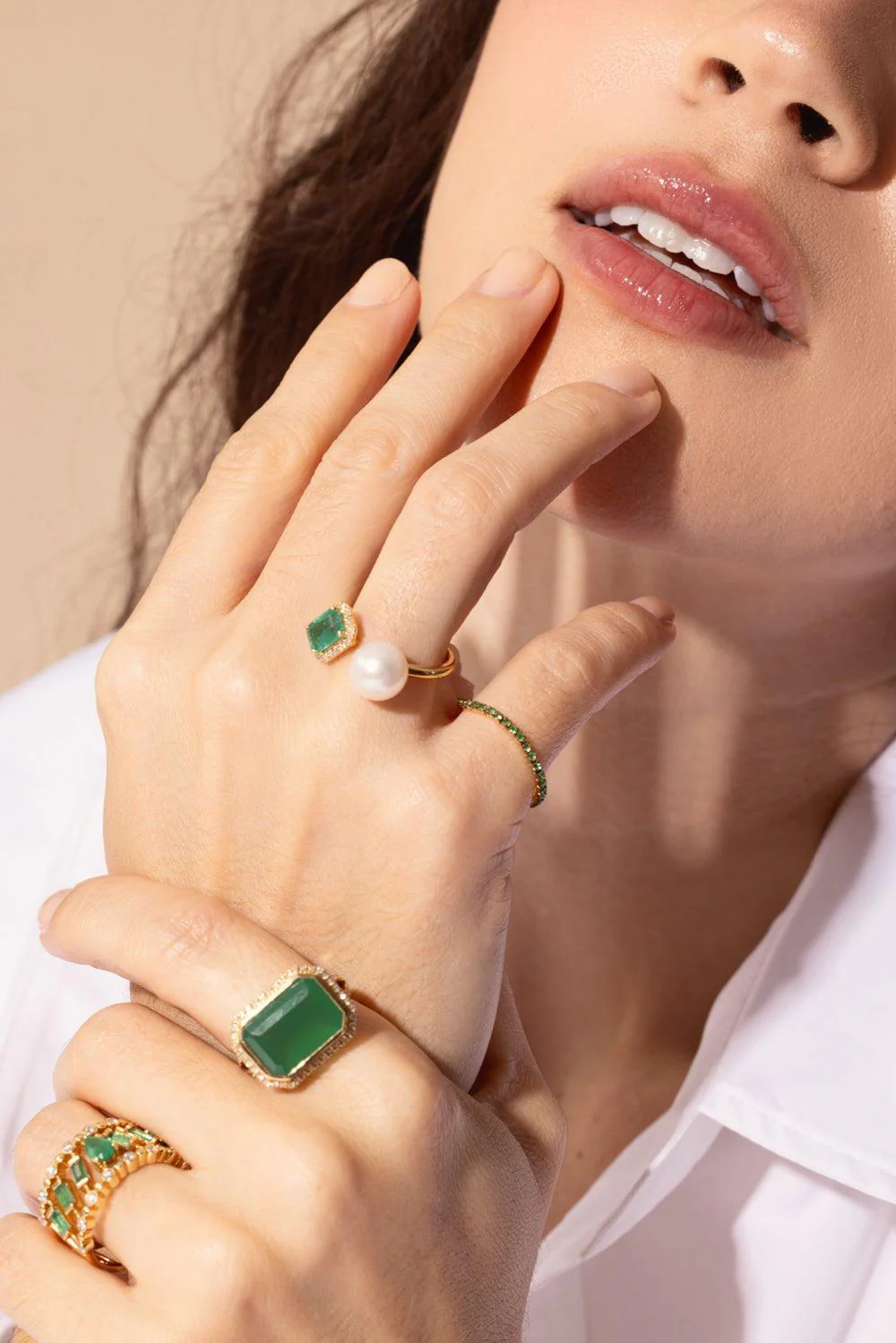 PEARL EMERALD TILTED HALO TWIN RING - Image 3