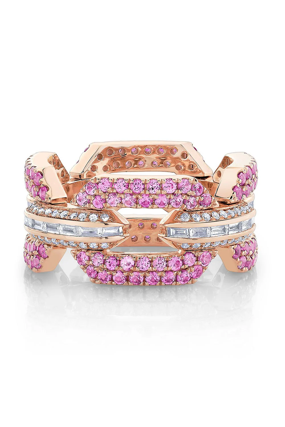PINK SAPPHIRE DIAMOND PAVE FLAT GEO LINK RING