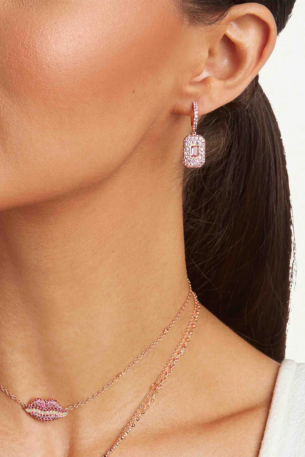 Pink Sapphire Pave Baguette Drop Earrings - Image 2