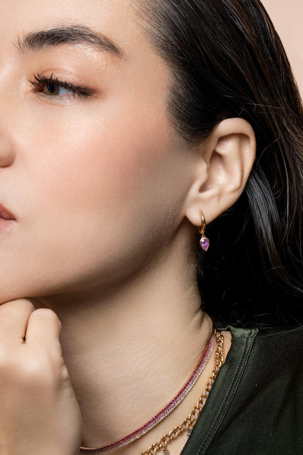 Pink Sapphire Pear Drop Huggie Earring - Image 2