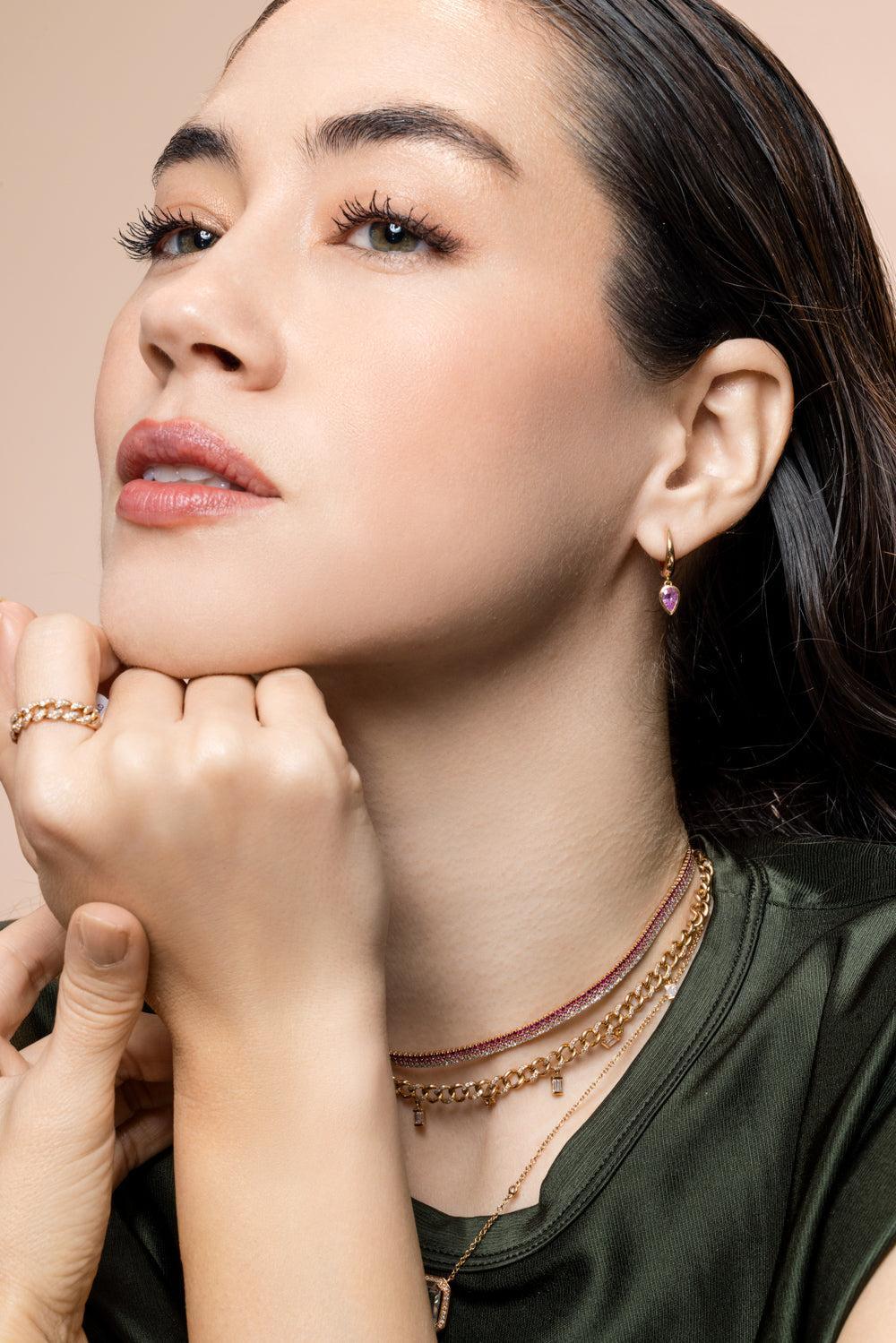 Pink Sapphire Pear Drop Huggie Earring - Image 3