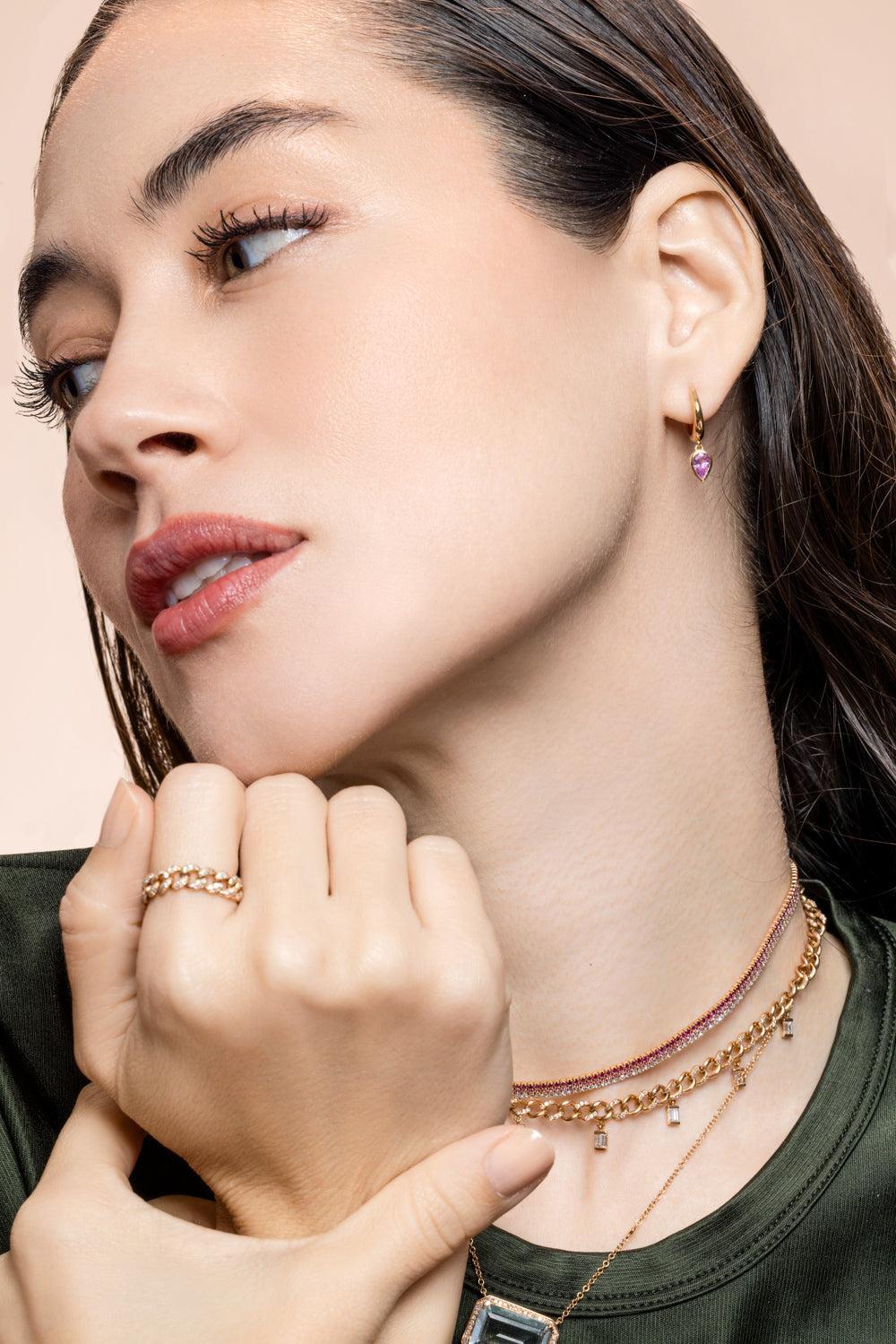 Pink Sapphire Pear Drop Huggie Earring - Image 4