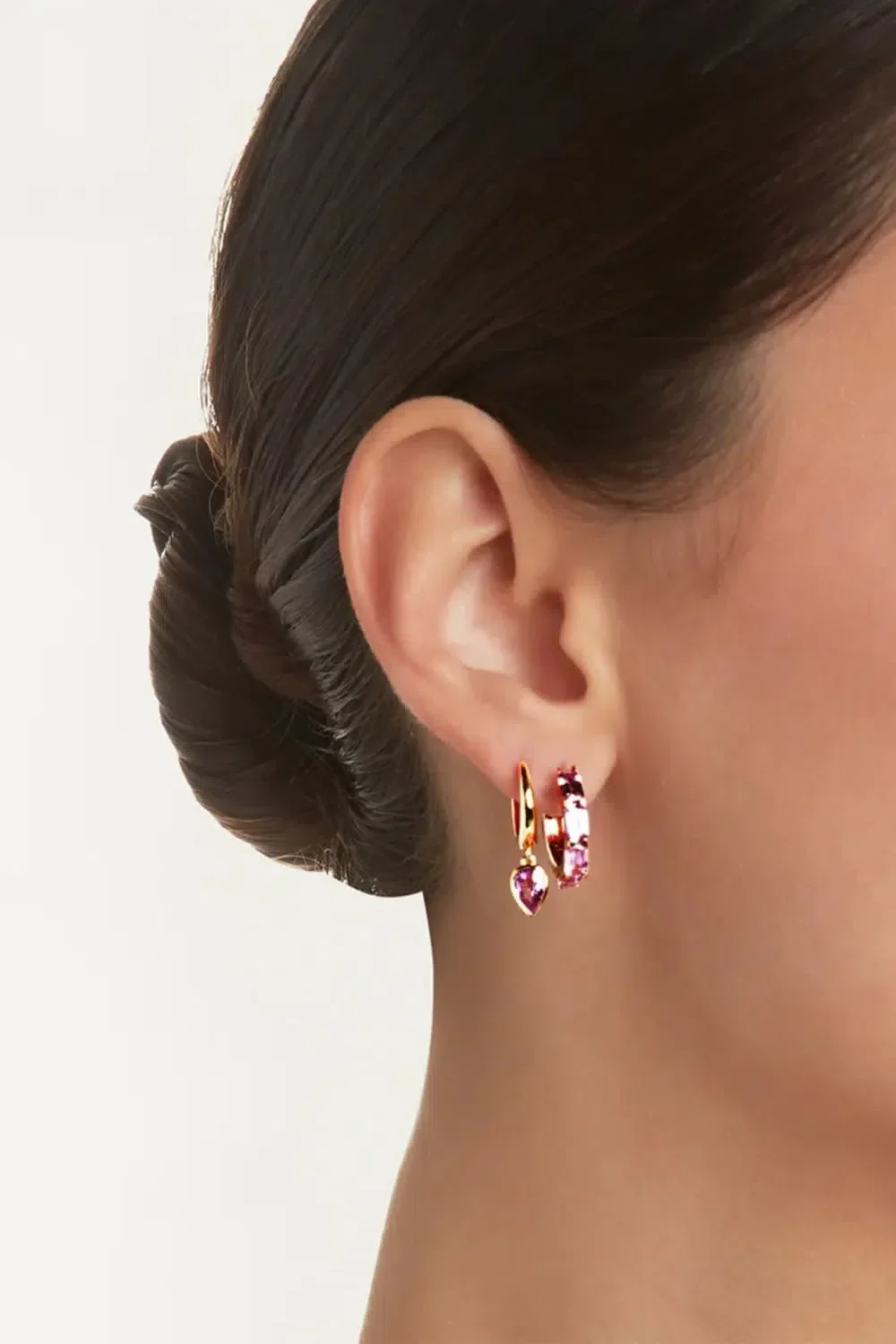 PINK SAPPHIRE PEAR DROP HUGGIE EARRINGS - Image 2