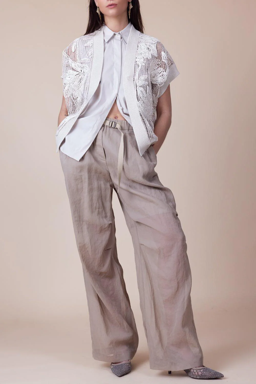 Shiny Trim Sleeveless Shirt - Warm White - Image 2
