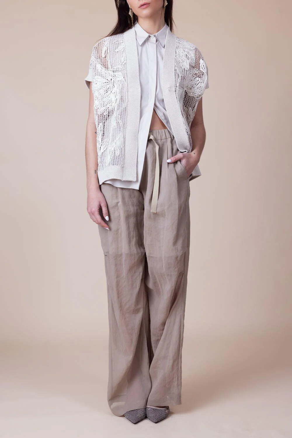 Shiny Trim Sleeveless Shirt - Warm White - Image 4