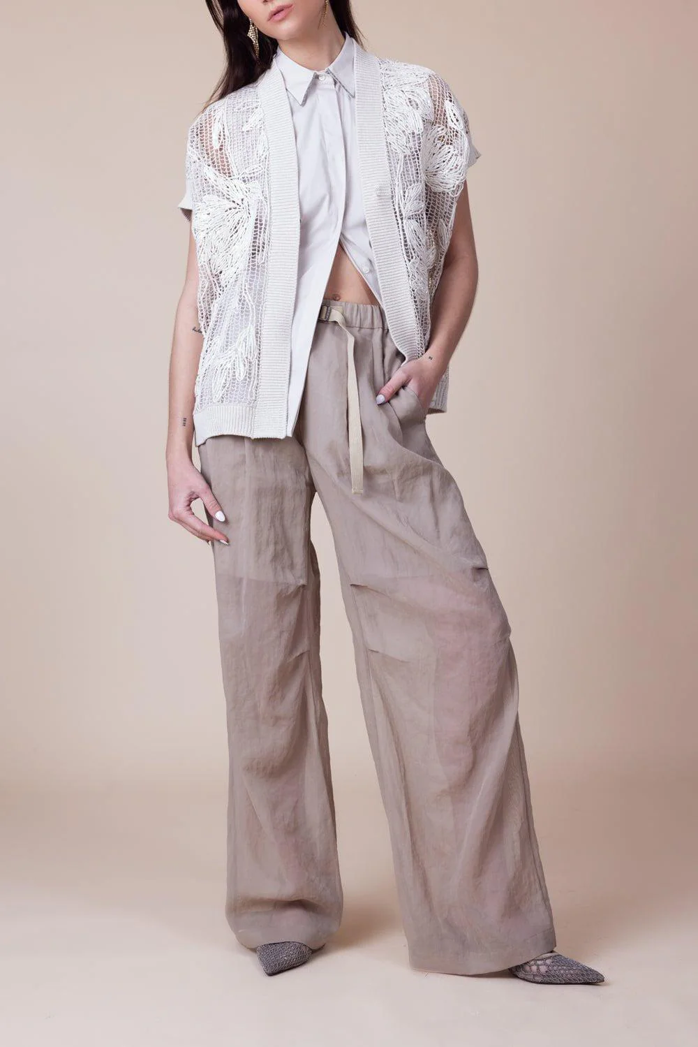 Shiny Trim Sleeveless Shirt - Warm White - Image 5