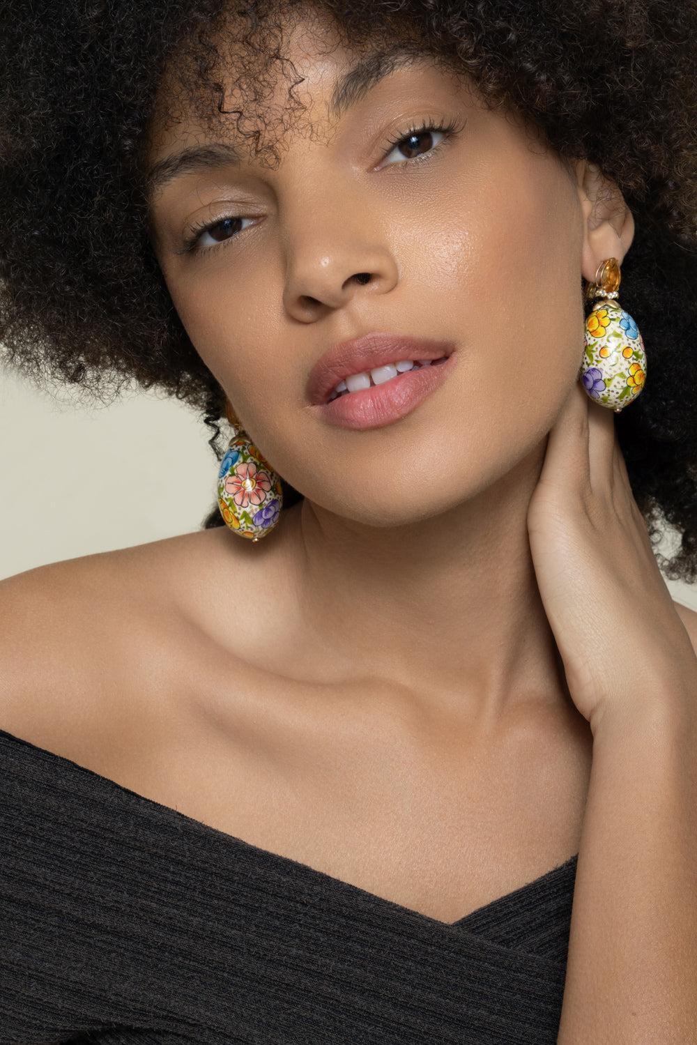 Citrine Diamond Floral Paper Mache Earrings - Image 2