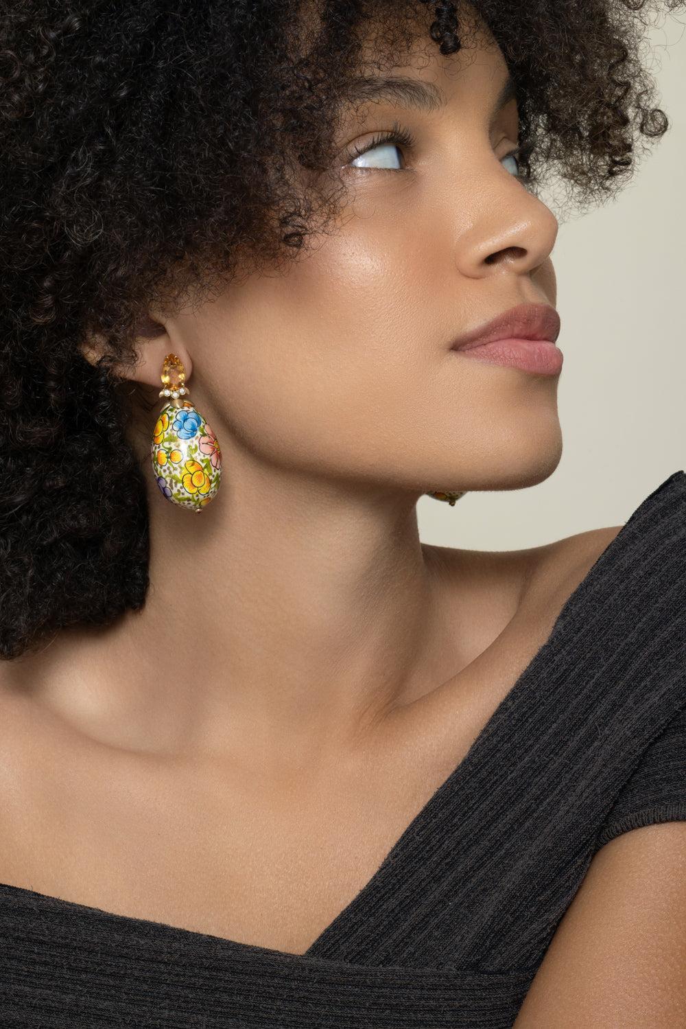 Citrine Diamond Floral Paper Mache Earrings - Image 3