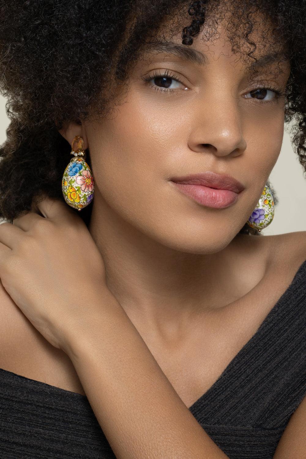 Citrine Diamond Floral Paper Mache Earrings - Image 4