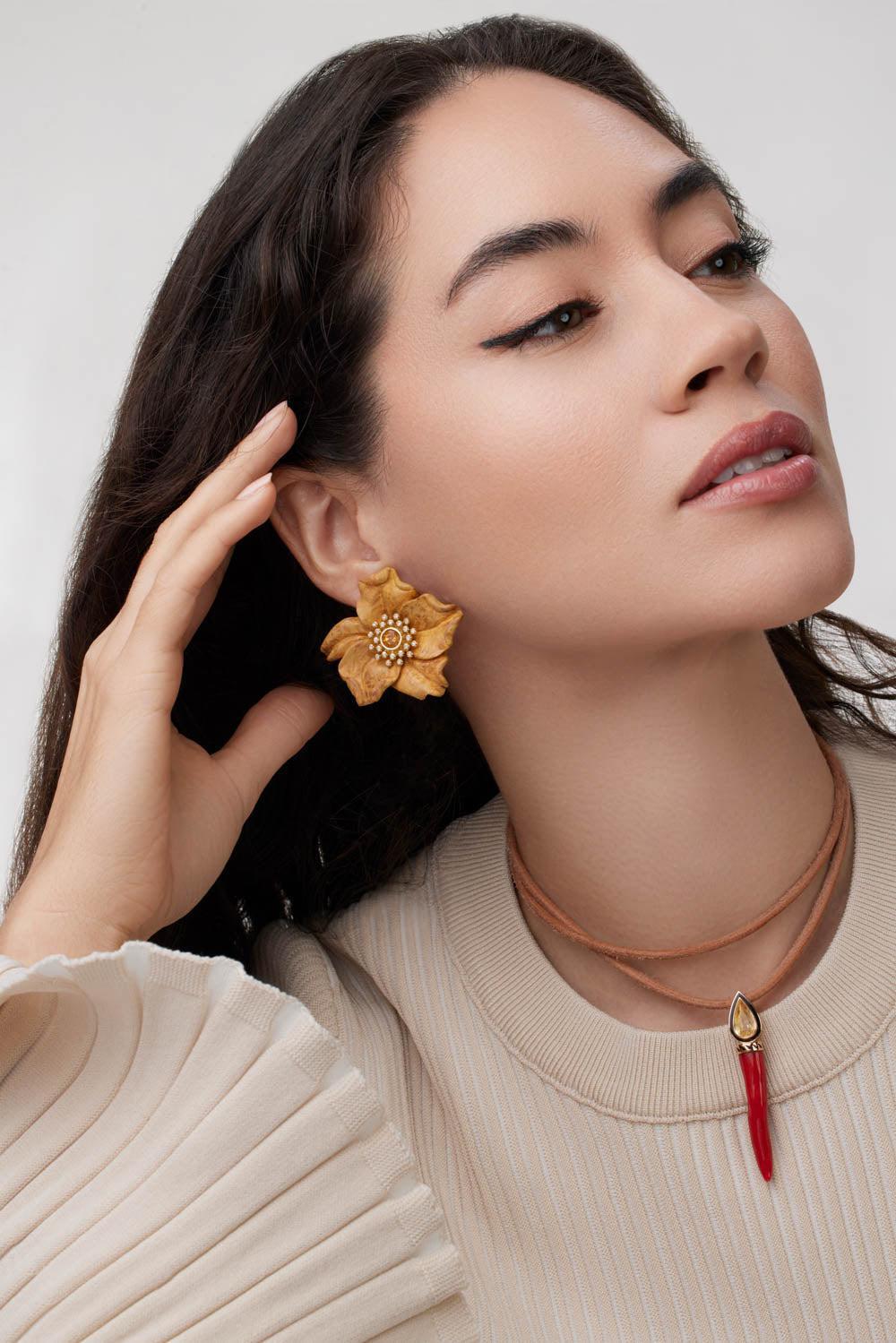 Diamond Citrine Carved Flower Earrings - Image 2