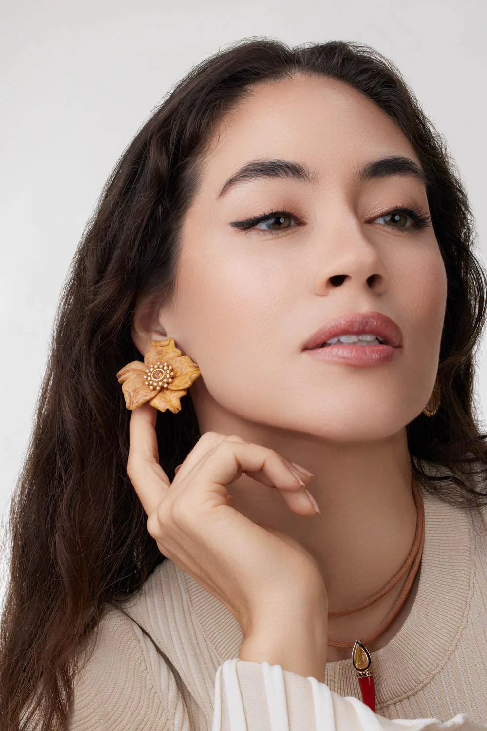 Diamond Citrine Carved Flower Earrings - Image 3