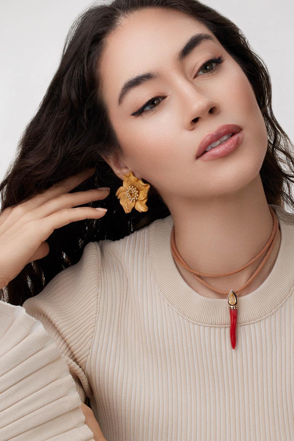 Diamond Citrine Carved Flower Earrings - Image 4
