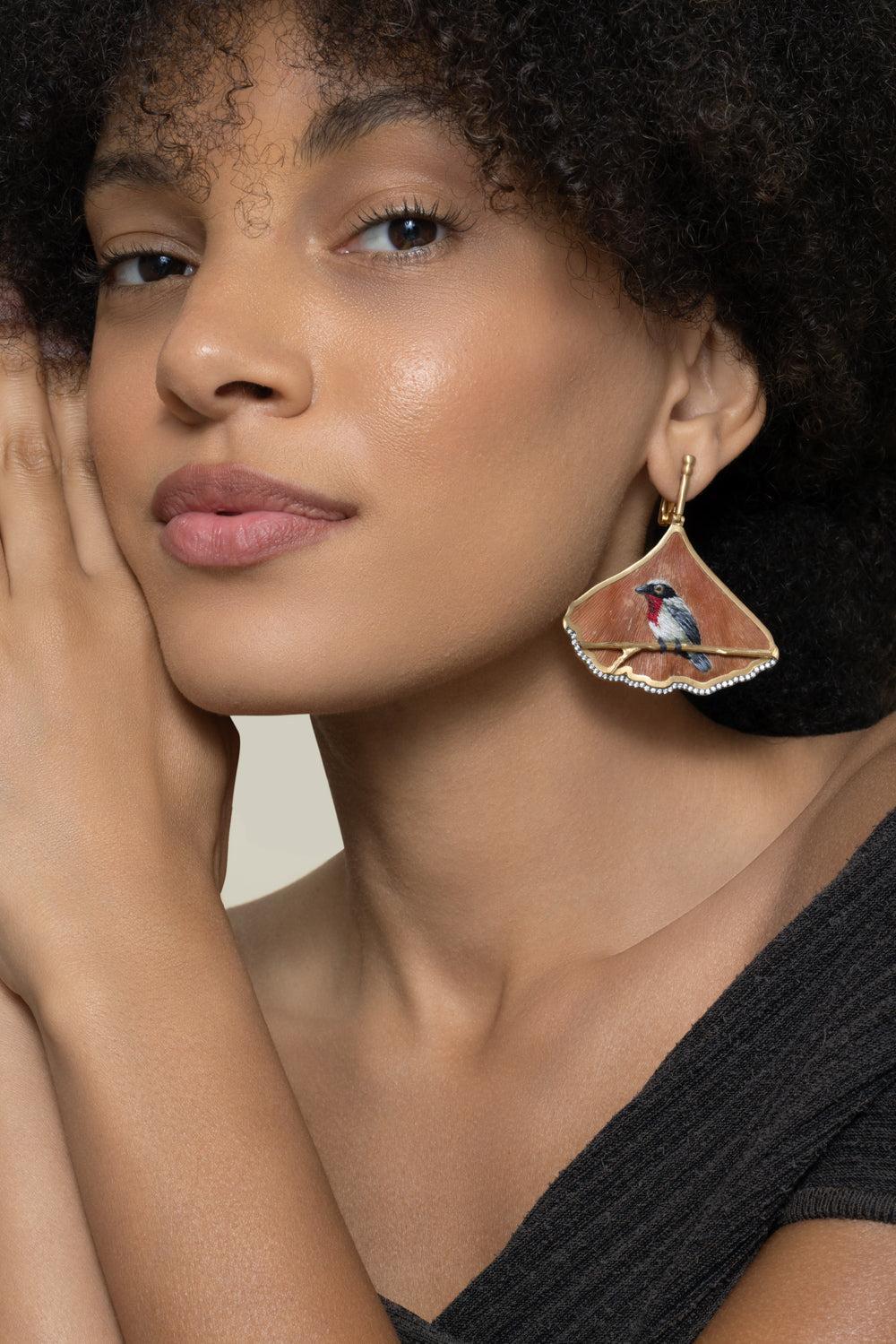 Diamond Embroidered Natural Ginkgo Leaf Earrings - Image 3