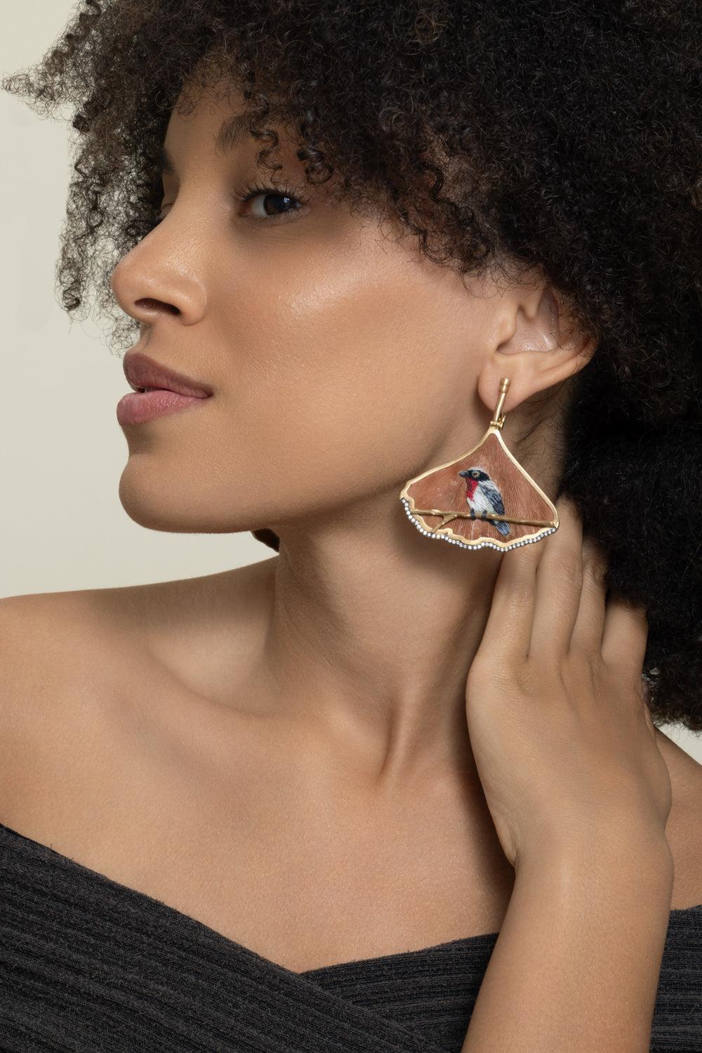 Diamond Embroidered Natural Ginkgo Leaf Earrings - Image 4