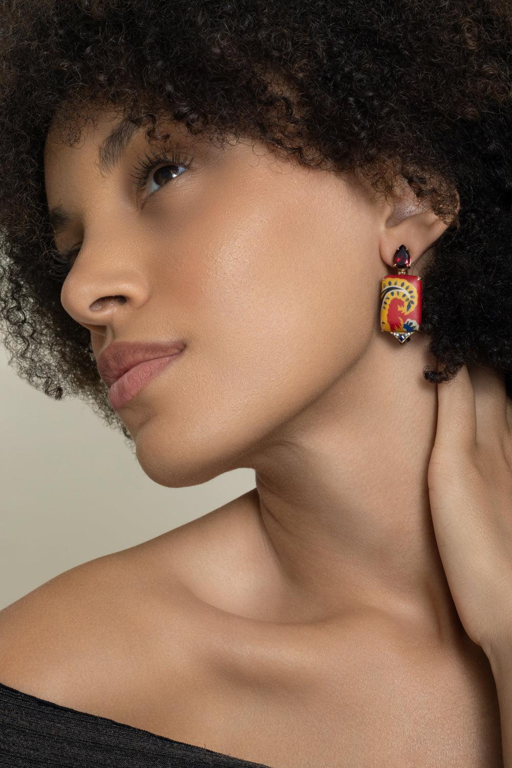 Diamond Grenade Kashmir Print Marquetry Earrings - Image 2