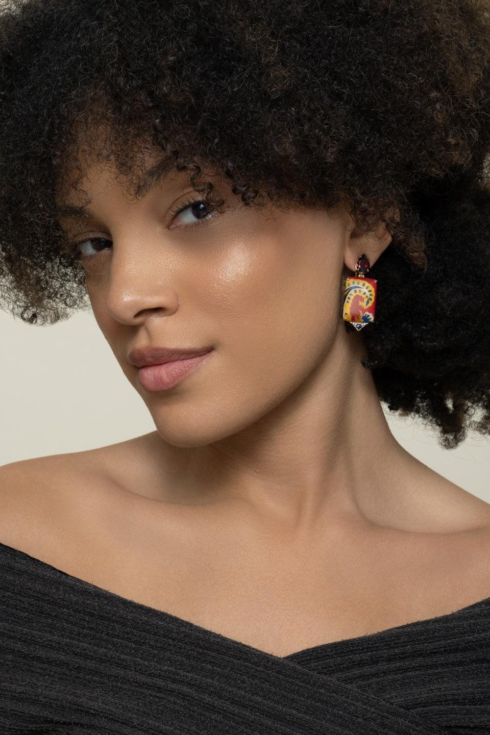 Diamond Grenade Kashmir Print Marquetry Earrings - Image 4
