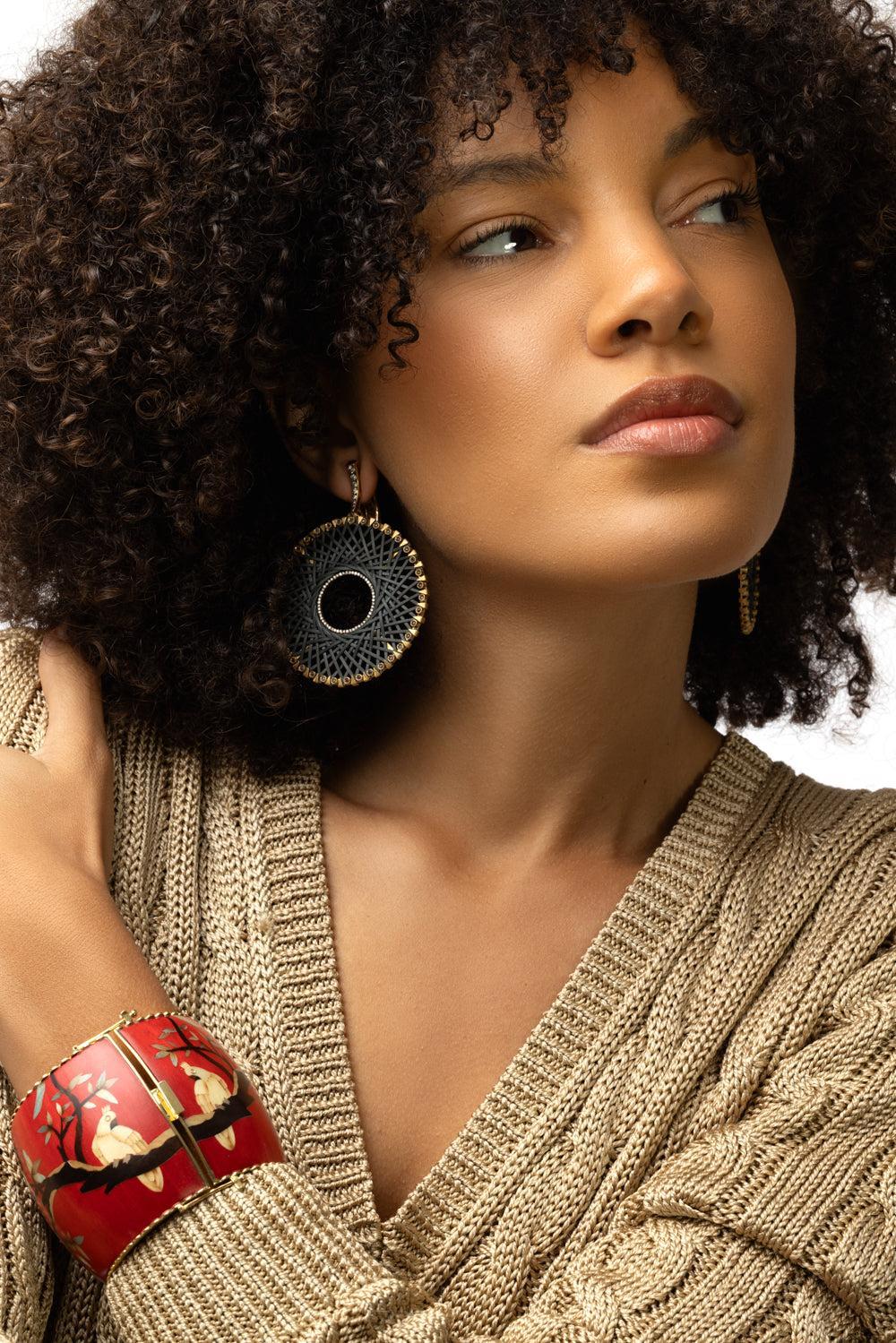 Diamond Sapphire Bamboo Earrings - Image 3