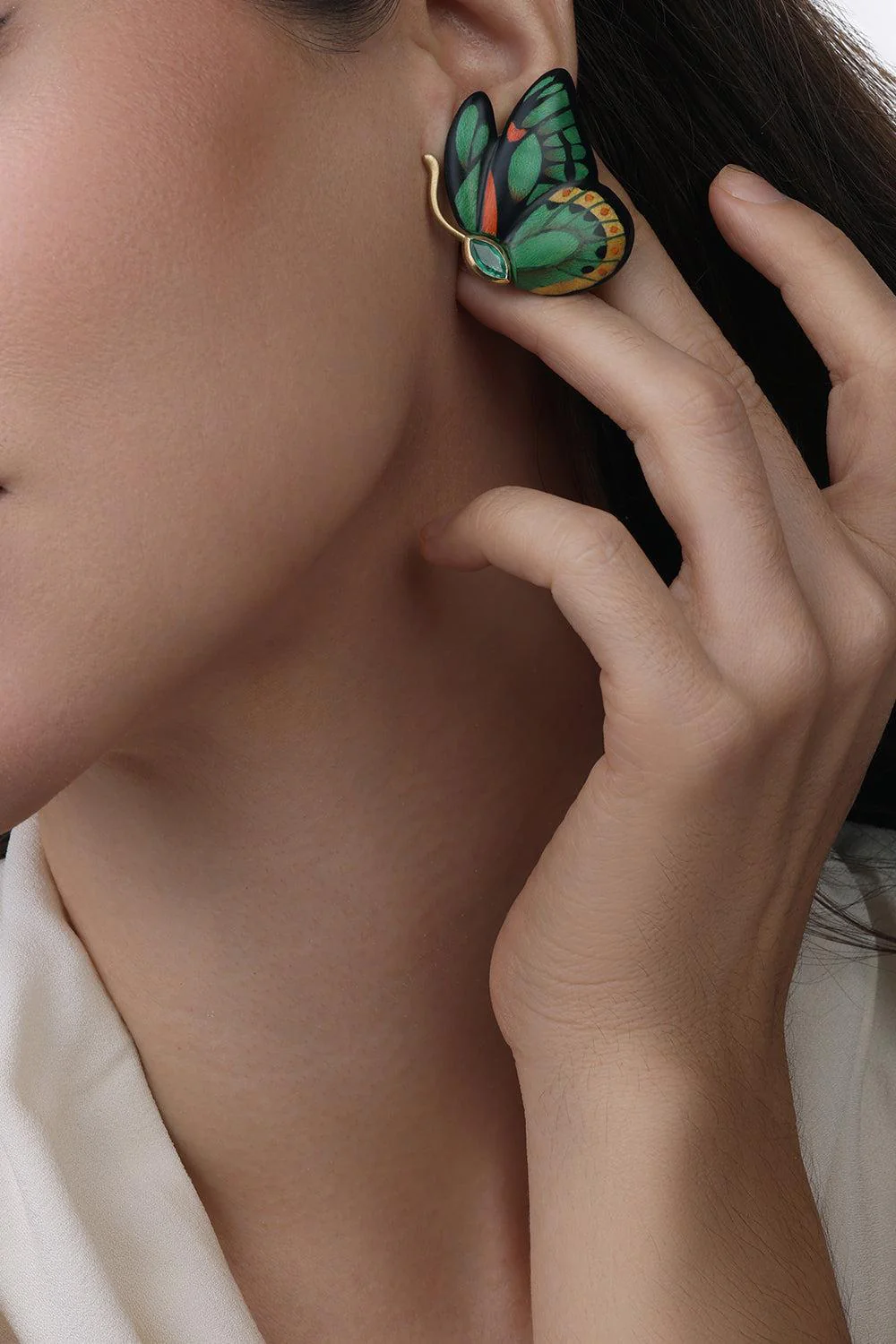 Emerald Double Wing Marquetry Butterfly Earrings - Image 3