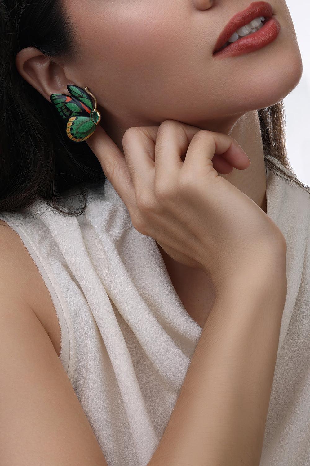 Emerald Double Wing Marquetry Butterfly Earrings - Image 4