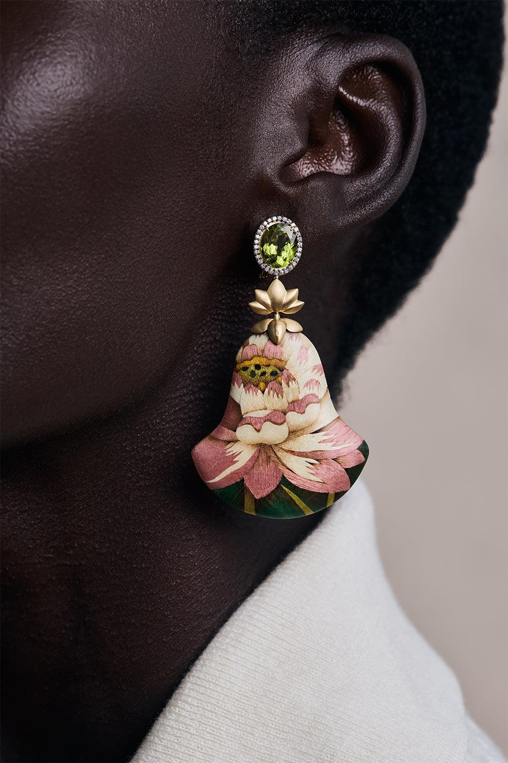 Fan Lotus Flower Marquetry Earrings - Image 3