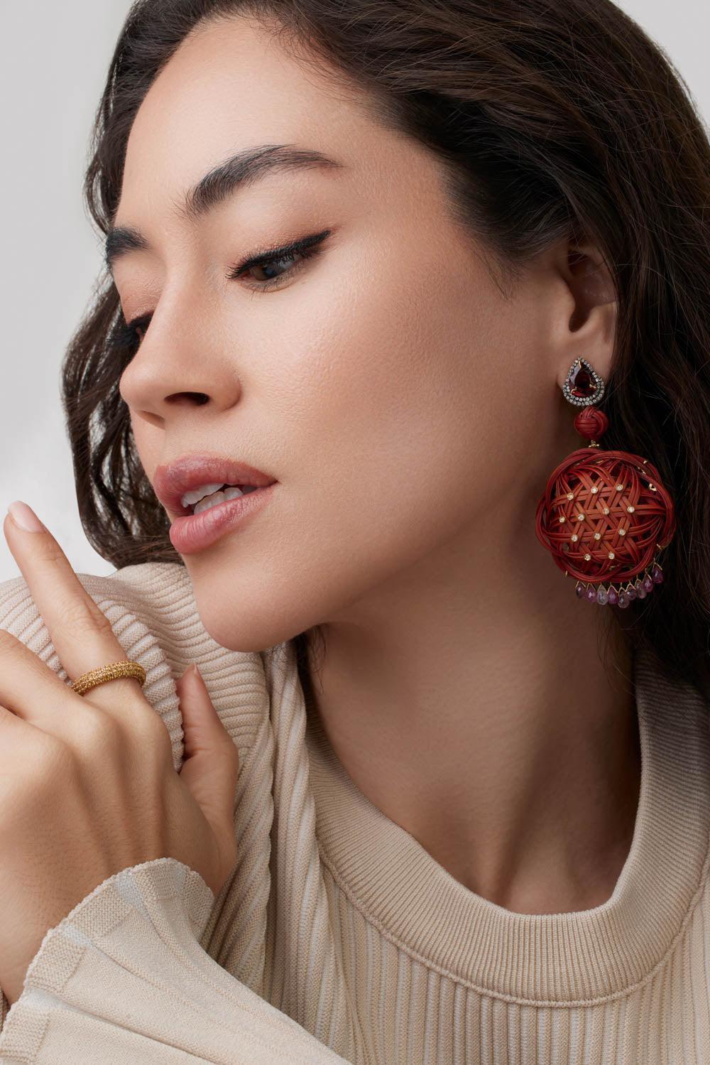 Garnet Sapphire Bamboo Earrings - Image 2