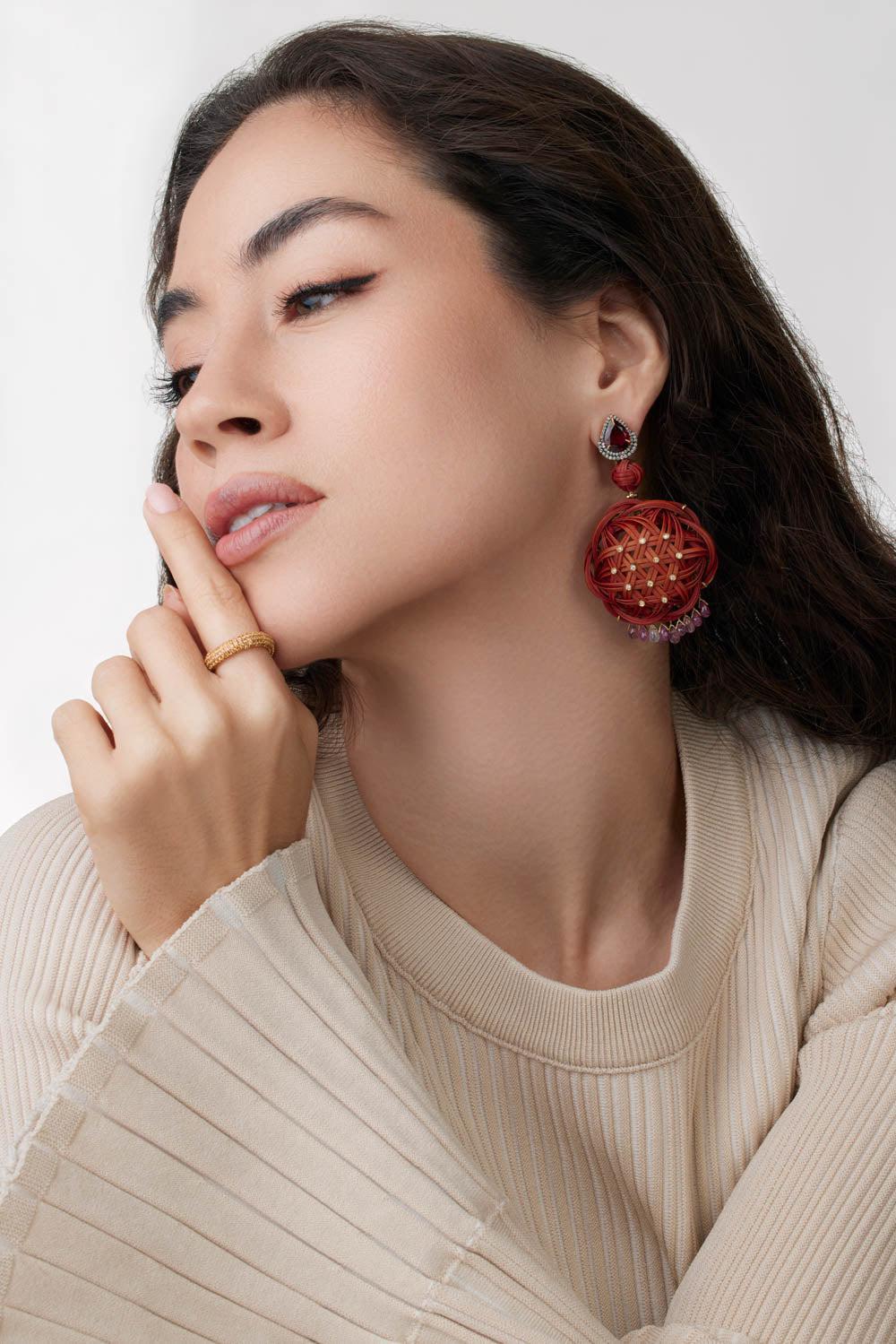Garnet Sapphire Bamboo Earrings - Image 4