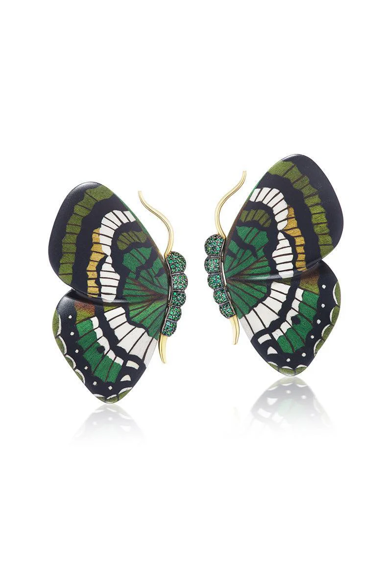Green White Marquetry Butterfly Earrings