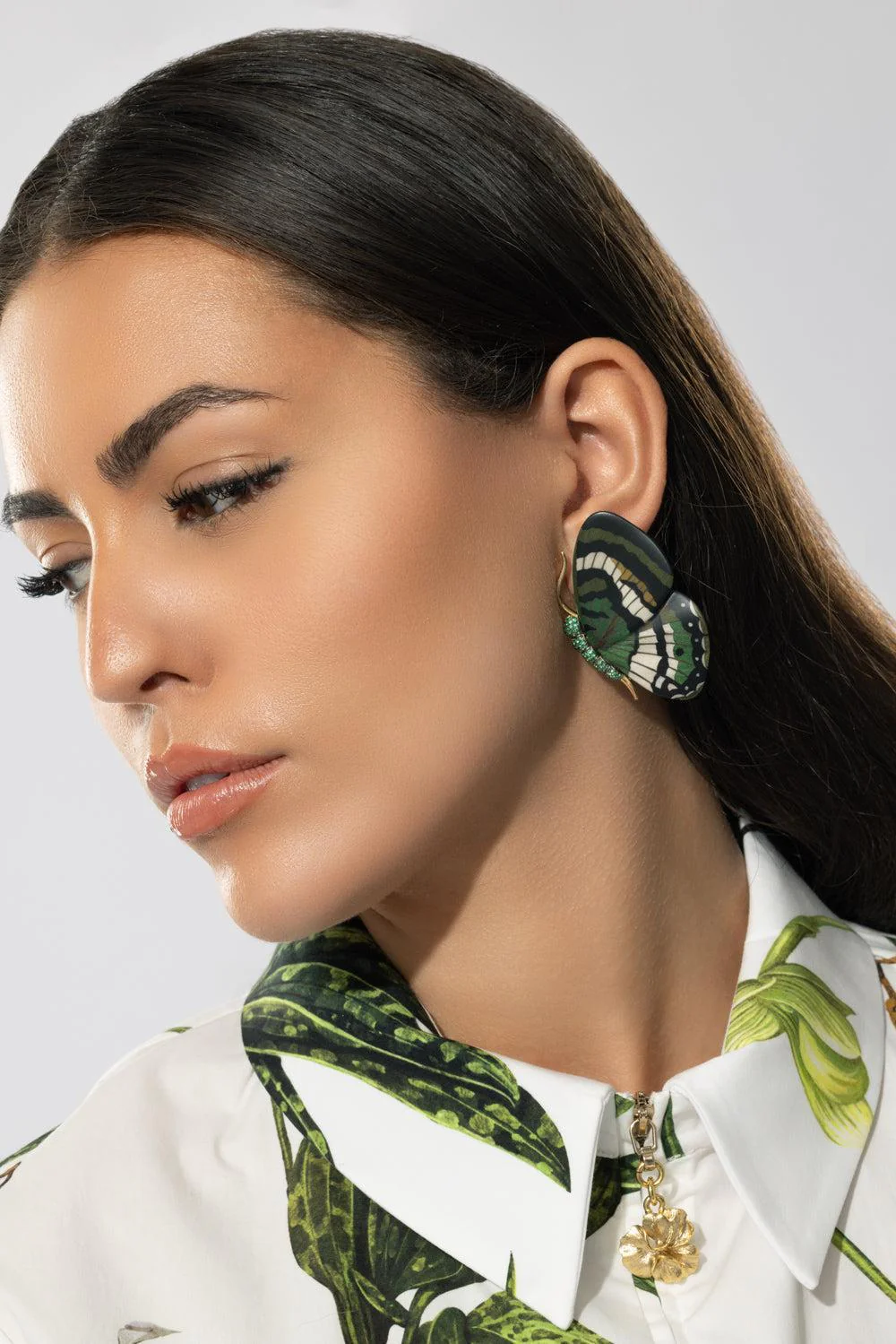 Green White Marquetry Butterfly Earrings - Image 3