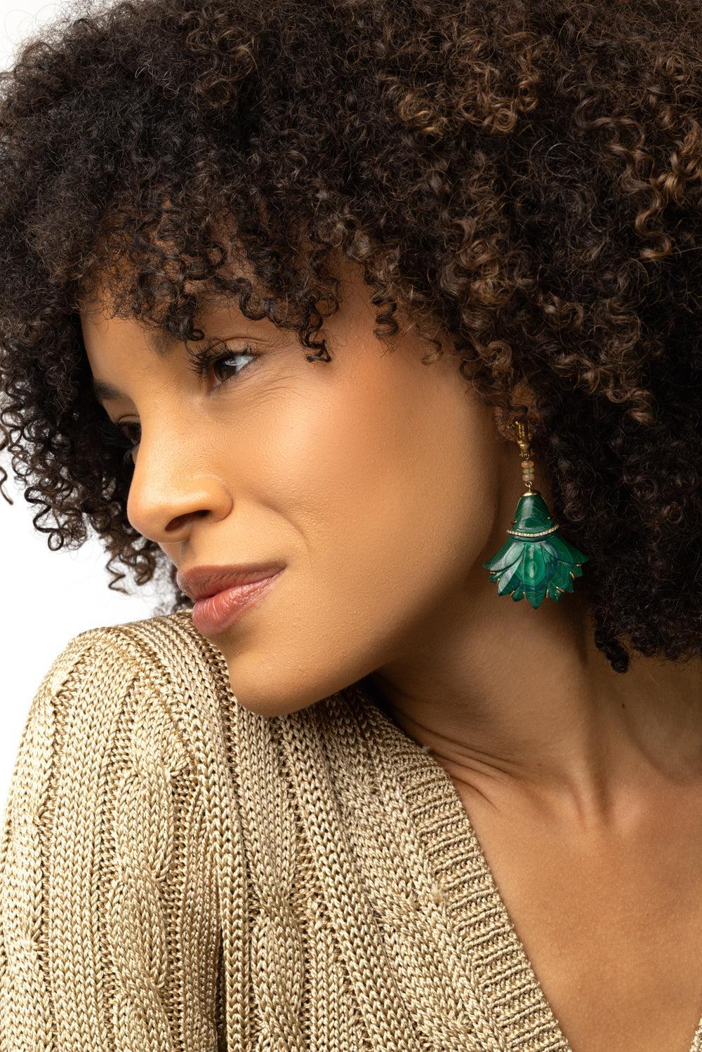 Malachite Lotus Flower Earrings - Image 2