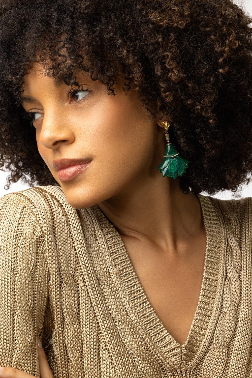 Malachite Lotus Flower Earrings - Image 3