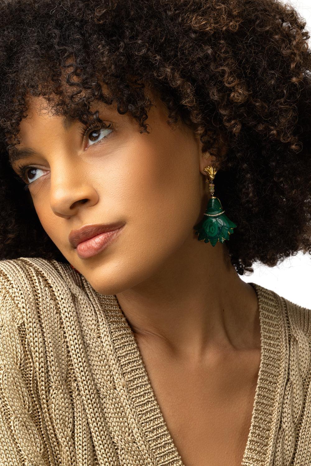 Malachite Lotus Flower Earrings - Image 4