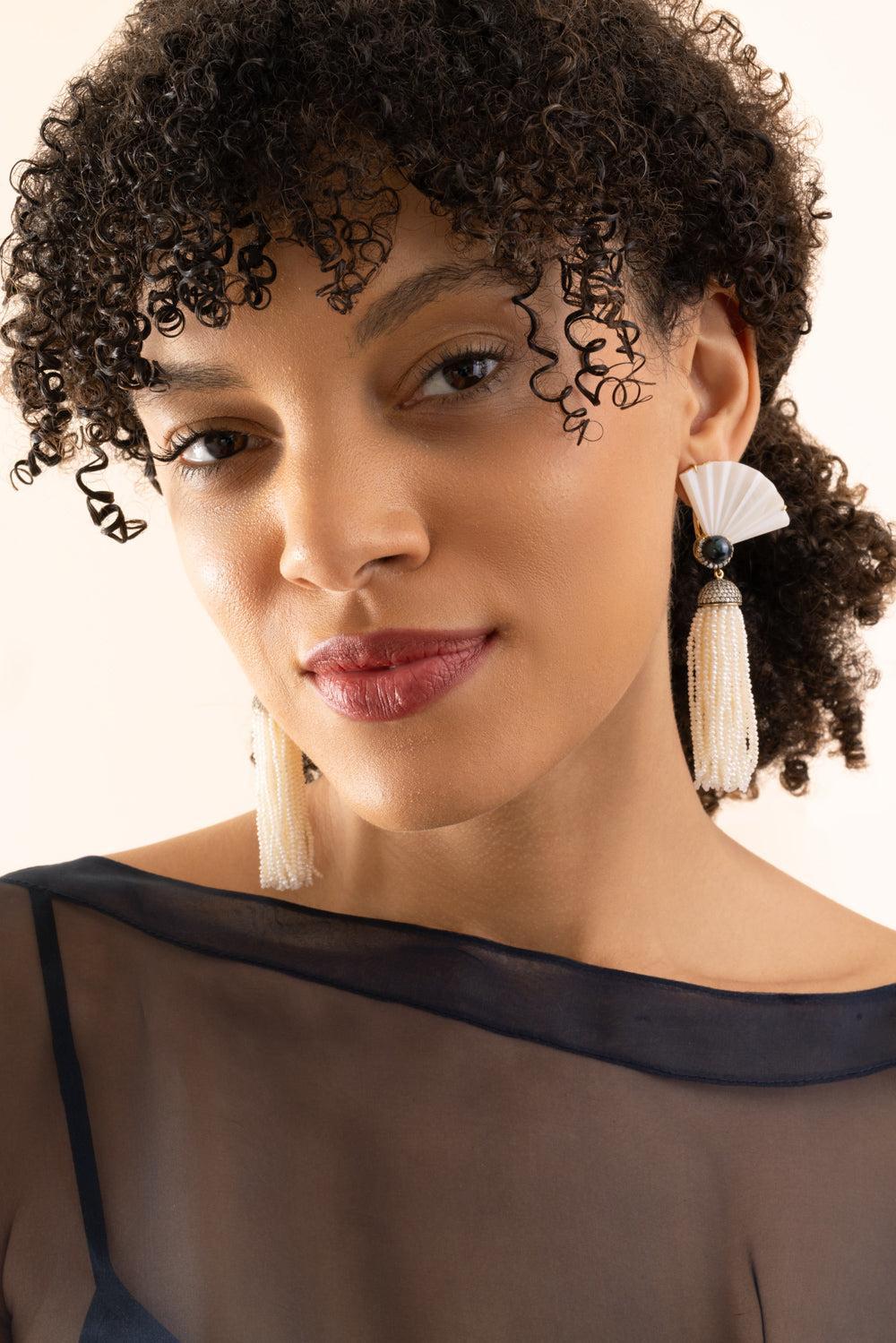 Pearl Diamond Fan Earrings - Image 2