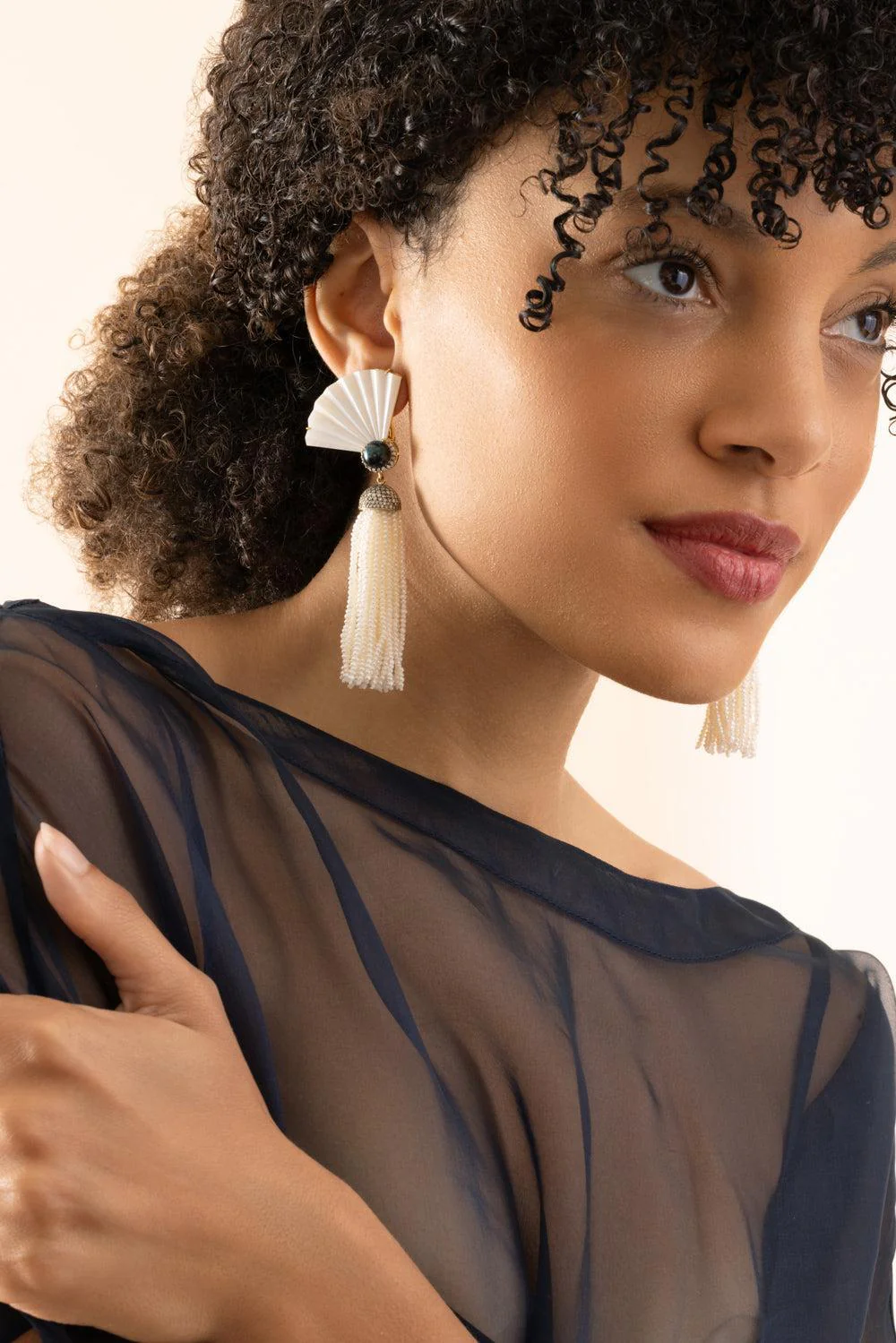 Pearl Diamond Fan Earrings - Image 3