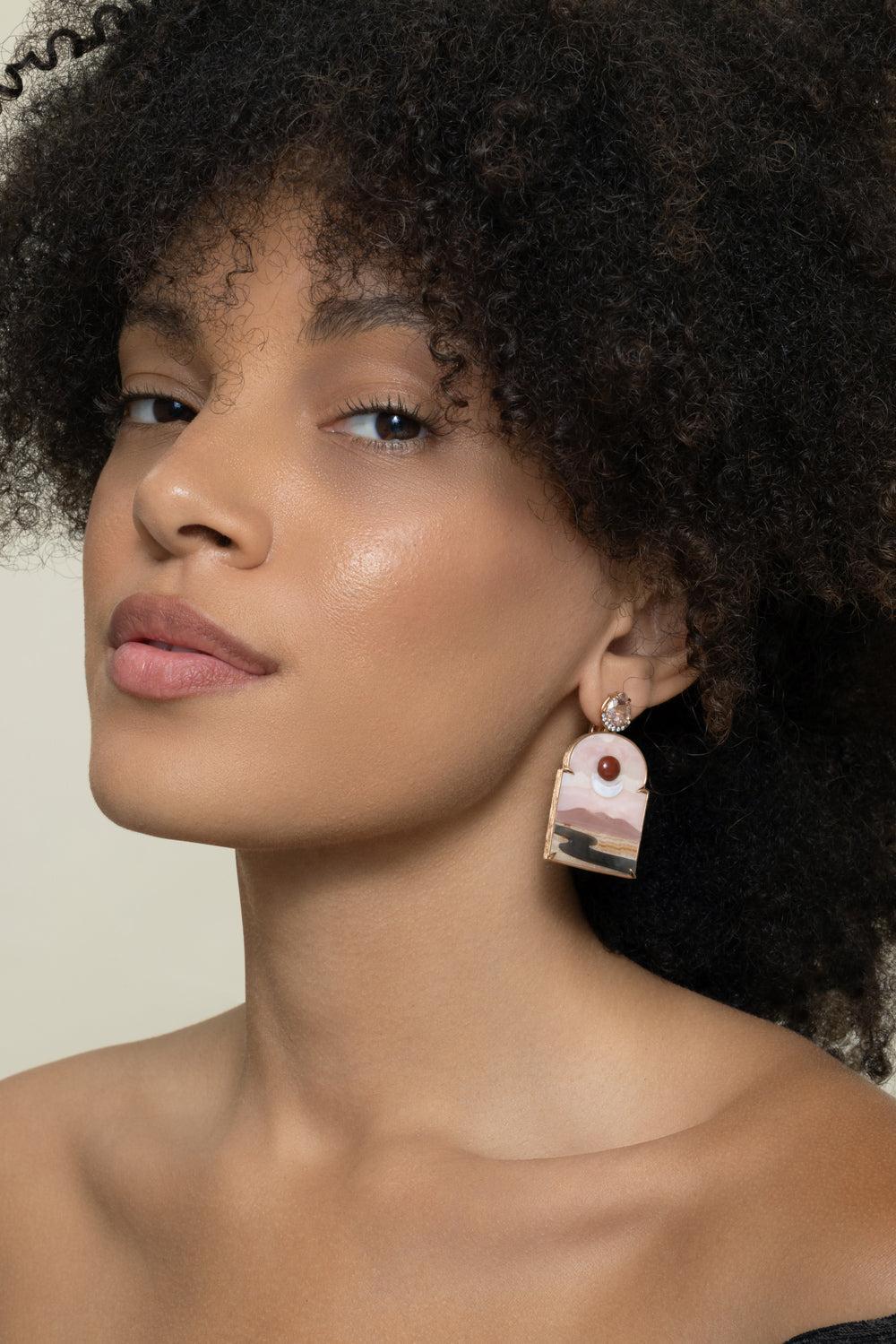 Pink Opal Alabaster Sky Print Window  Earrings - Image 2