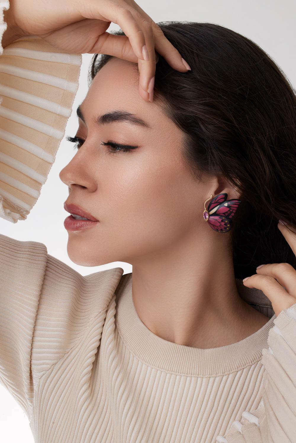 Pink Sapphire Butterfly Marquetry Earrings - Image 2