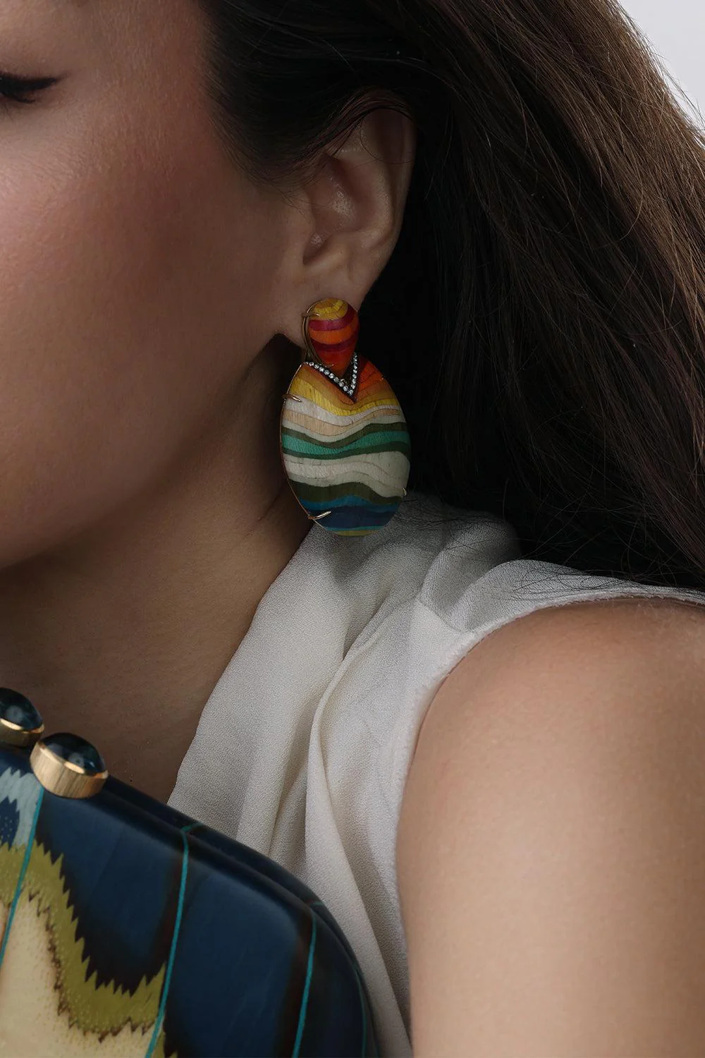 Rainbow Diamond Drop Marquetry Earrings - Image 2