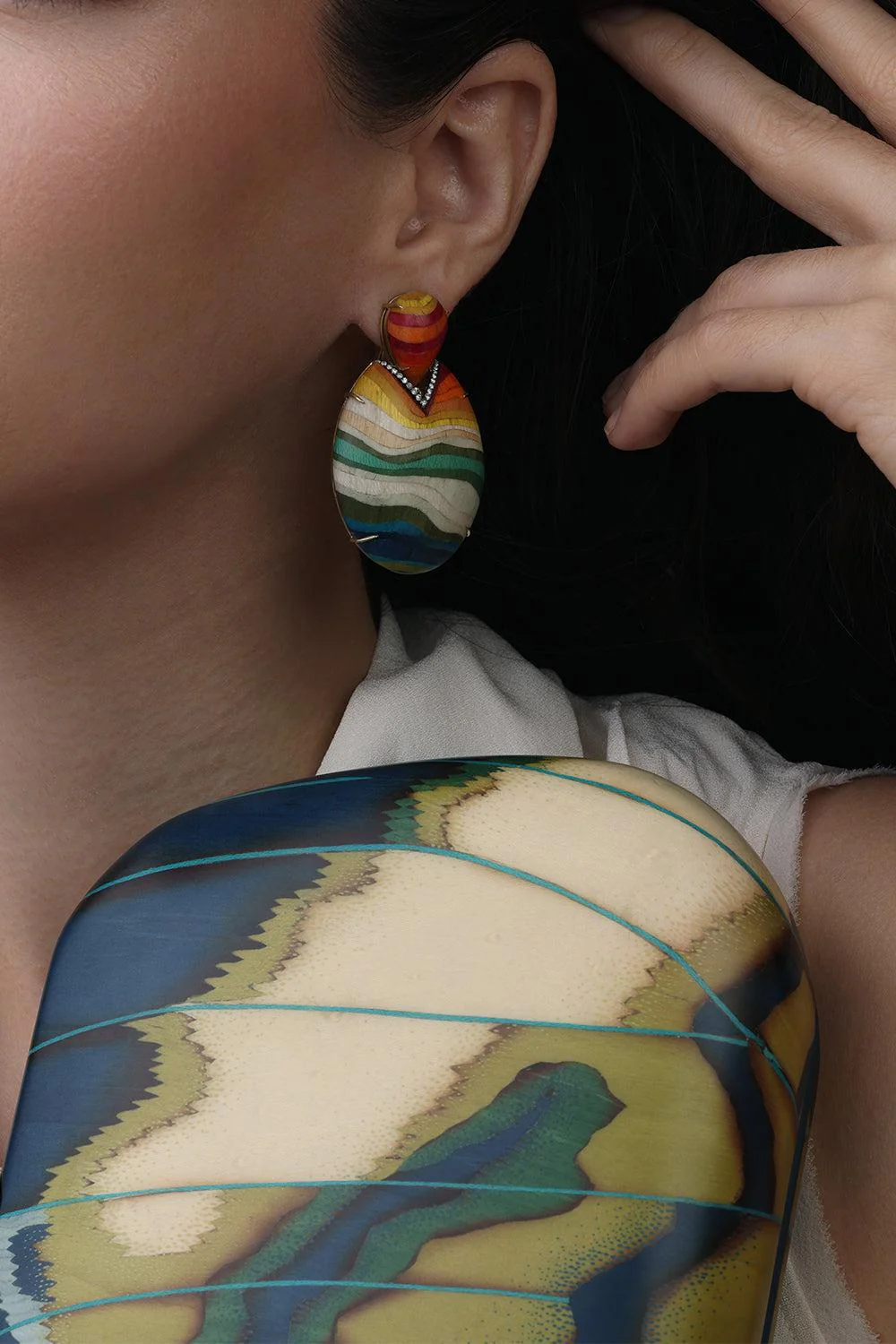Rainbow Diamond Drop Marquetry Earrings - Image 4