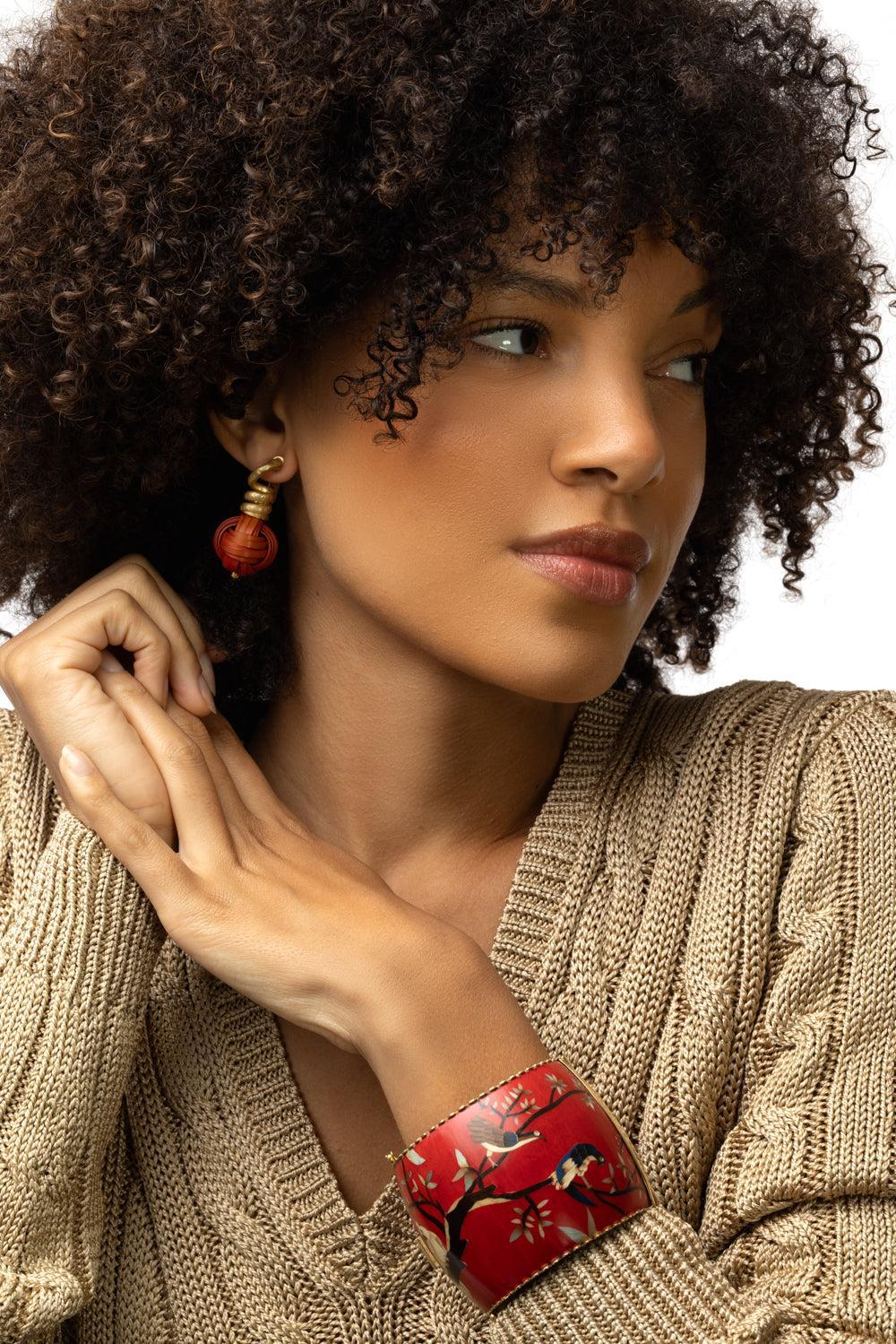 Red Bamboo Sphere Earrings - Image 4